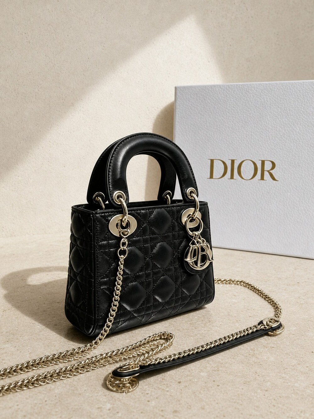 Dior Black Cannage Lambskin Mini Lady Dior Handbag with Top Handles - Picture 2 of 6